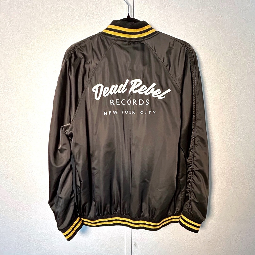 Men's Large Retro Style Dead Rebel Records Black yellow Satin Bomber Jacket